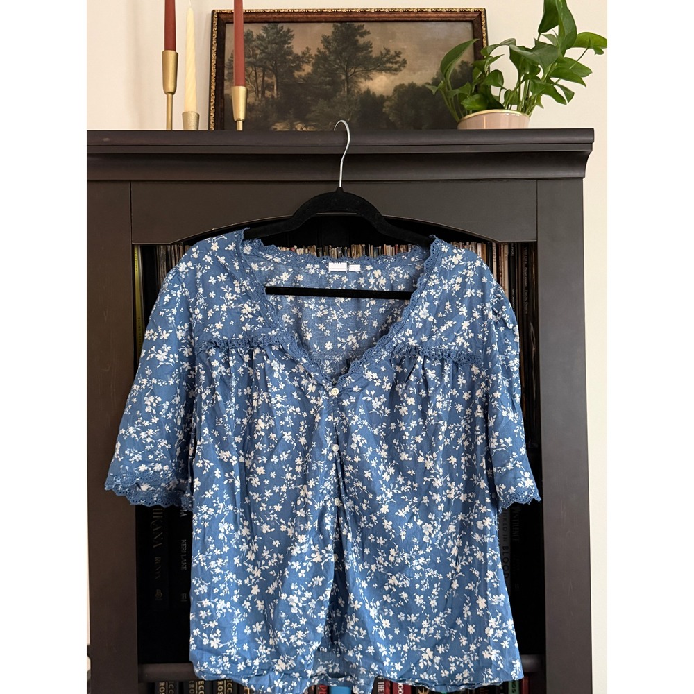 Gap Floral Crochet Trim Button Blouse XL Short Sleeve Cotton Top Prairie Boho